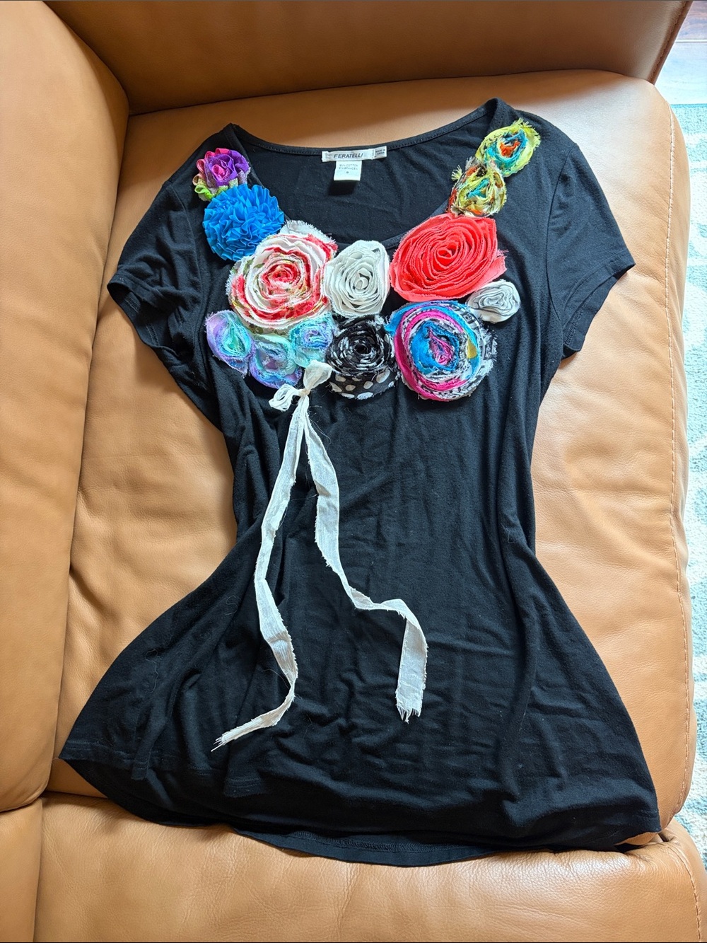 Abella Black Short-Sleeve Tee with Multicolor Fabric Rosettes